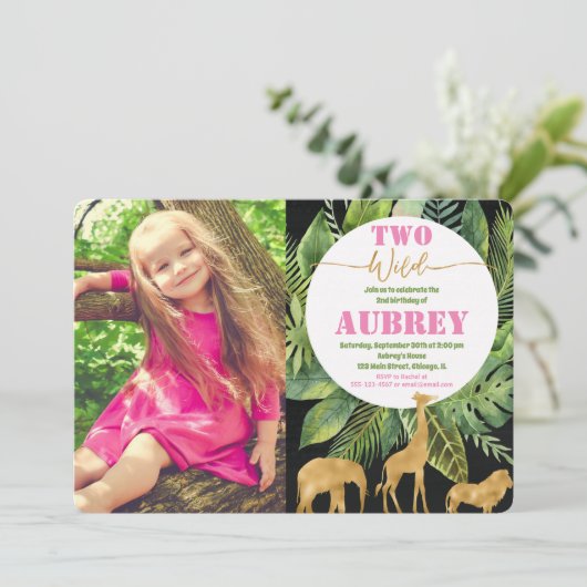 Twee wilde 2e verjaardag foto uitnodiging roze (Staand voorkant)
