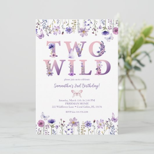 Twee wilde bloemen tweede verjaardag uitnodiging (Staand voorkant)