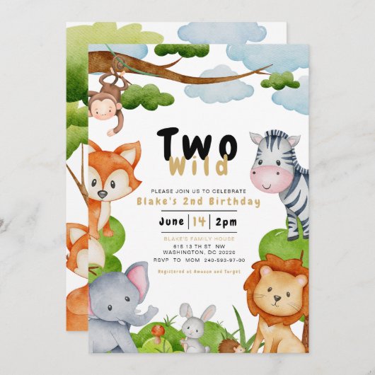 Twee wilde dieren tweede 2e verjaardag uitnodiging (Voorkant / Achterkant)