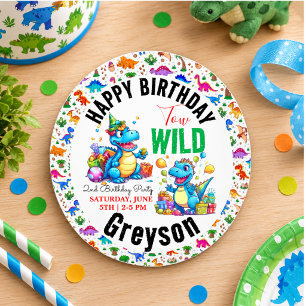 Twee Wilde Dino Feest Jongen Dinosaur 2e Verjaarda Ronde Sticker