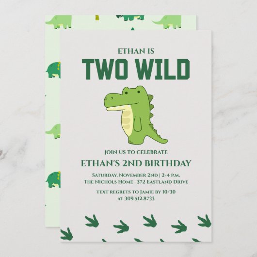 Twee Wilde Dinosaurus 1e Verjaardag Party Uitnodig Kaart (Voorkant / Achterkant)