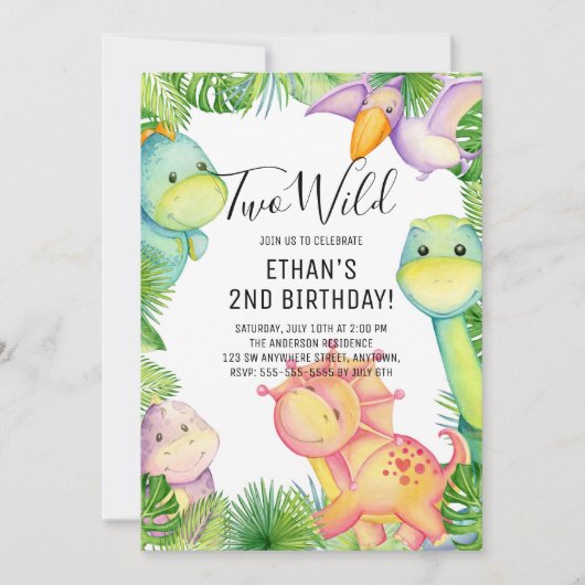 Twee Wilde Dinosaurus 2de Verjaardagsfeest Uitnodi Kaart (Voorkant)