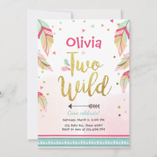 Twee wilde feestuitnodiging 2e verjaardag meisje b kaart (Voorkant)