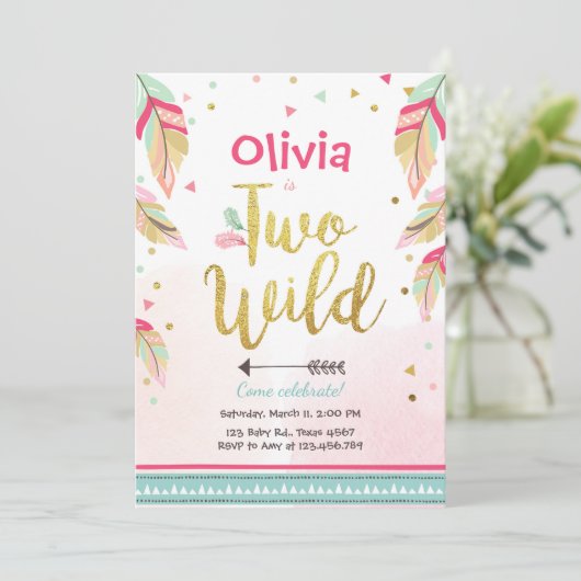 Twee wilde feestuitnodiging 2e verjaardag meisje b kaart (Staand voorkant)
