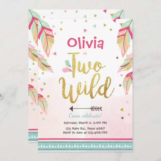 Twee wilde feestuitnodiging 2e verjaardag meisje b kaart (Voorkant / Achterkant)