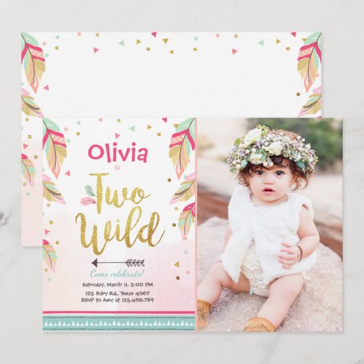 Twee wilde feestuitnodiging 2e verjaardag meisje b kaart (Voorkant / Achterkant)