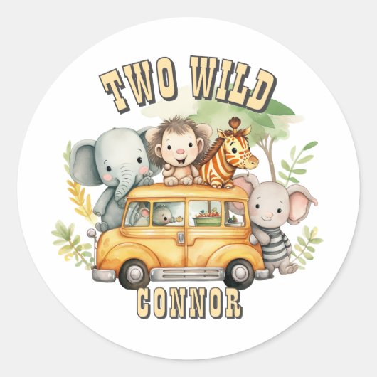 Twee Wilde Jongens Verjaardag Safari Dieren Ronde Sticker (Voorkant)