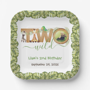 Twee Wilde Jungle Dieren Foto Hout Tweede Verjaard Papieren Bordje