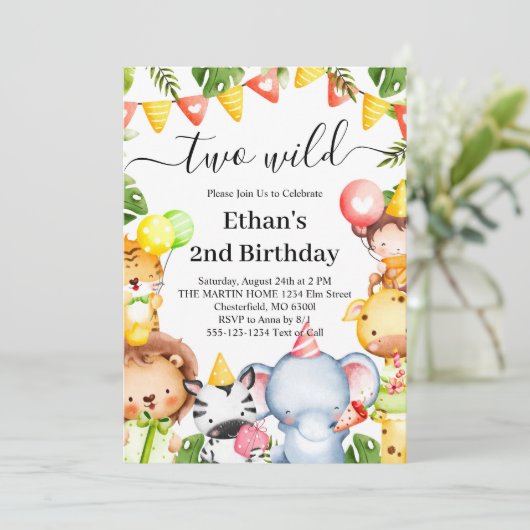 Twee Wilde Jungle Safari Dieren 2e Verjaardagsfees Kaart (Staand voorkant)