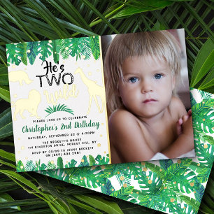 Twee Wilde Jungle Safari Jongens 2e Verjaardag Fot Folie Uitnodiging
