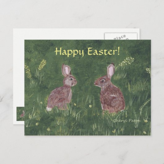 Twee wilde konijnen in gras Happy Easter Briefkaar Feestdagenkaart (Voorkant / Achterkant)