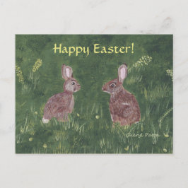 Twee wilde konijnen in gras Happy Easter Briefkaar Feestdagenkaart