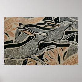 Twee wilde konijnen met houtsnijtexturen poster