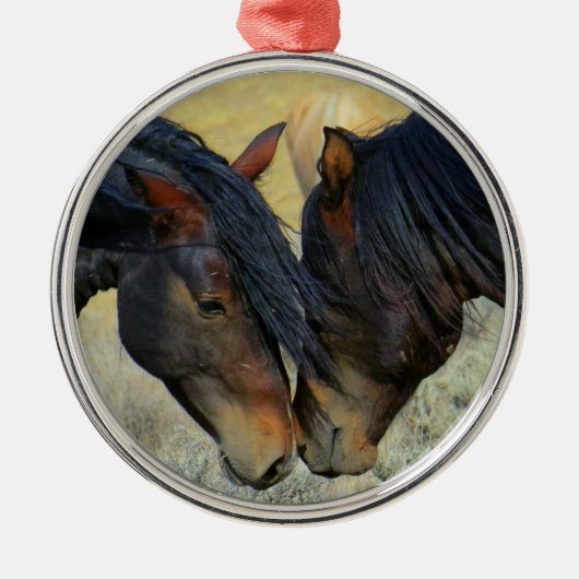 Twee wilde Mahogany Bay-paarden die neuzen raken Metalen Ornament (Voorkant)