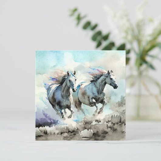 Twee wilde mustangs racen tegen de wind  bedankkaart (Staand voorkant)