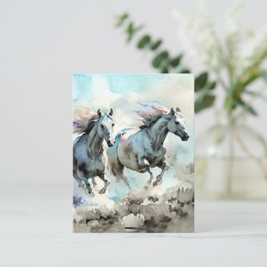 Twee wilde mustangs racen tegen de wind  briefkaart (Staand voorkant)