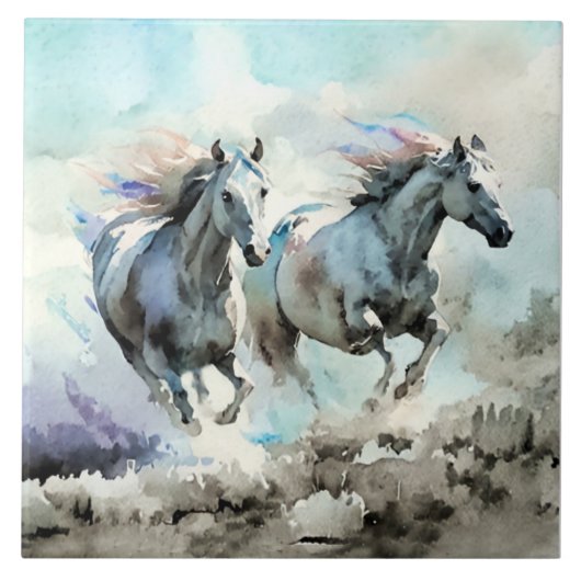 Twee wilde mustangs racen tegen de wind tegeltje (Voorkant)