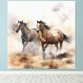 “Twee Wilde Mustangs” Stof Westers Waterverf Canvas Afdruk (Insitu (Houten vloer))