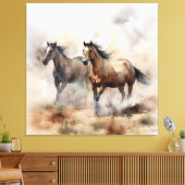 “Twee Wilde Mustangs” Stof Westers Waterverf Canvas Afdruk (Insitu (Woonkamer))