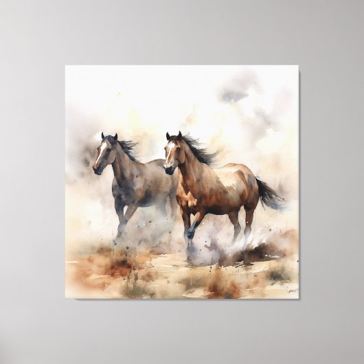 “Twee Wilde Mustangs” Stof Westers Waterverf Canvas Afdruk (Voorkant)