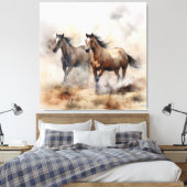 “Twee Wilde Mustangs” Stof Westers Waterverf Canvas Afdruk (Insitu (Slaapkamer))