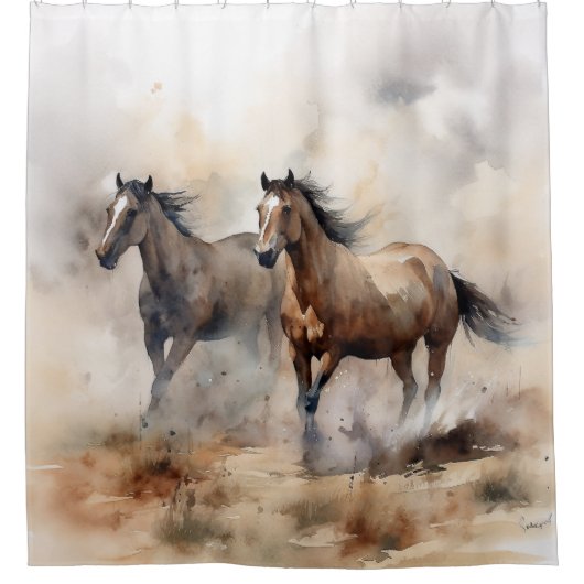 “Twee Wilde Mustangs” Stof Westers Waterverf Douchegordijn (Voorkant)