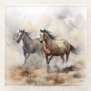 “Twee Wilde Mustangs” Stof Westers Waterverf Glazen Onderzetter
