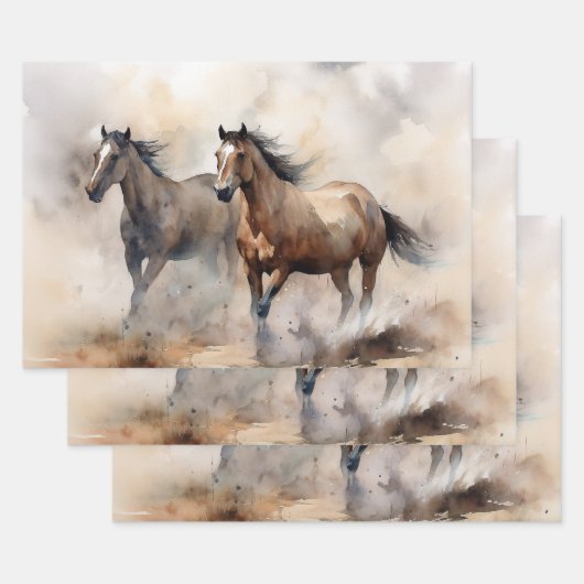 “Twee Wilde Mustangs” Stof Westers Waterverf Inpakpapier Vel (Set)