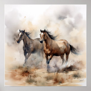 “Twee Wilde Mustangs” Stof Westers Waterverf Poster