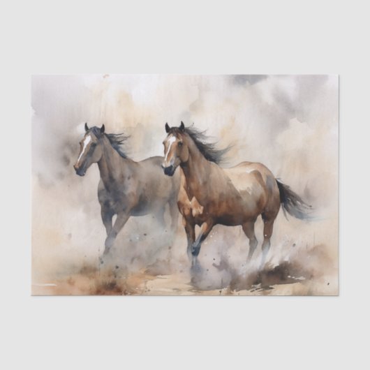“Twee Wilde Mustangs” Stof Westers Waterverf Tissuepapier (Voorkant)