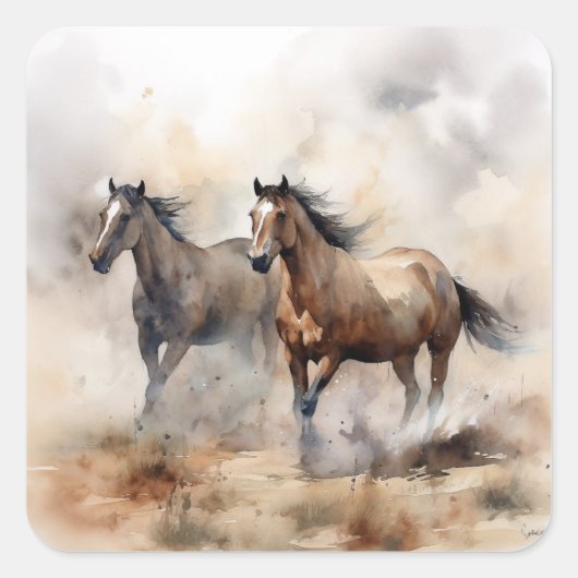 “Twee Wilde Mustangs” Stof Westers Waterverf Vierkante Sticker (Voorkant)