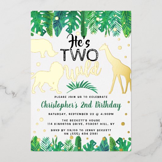 Twee Wilde Oerwoud Safari Boys 2e verjaardag Real Folie Uitnodiging (Voorkant)
