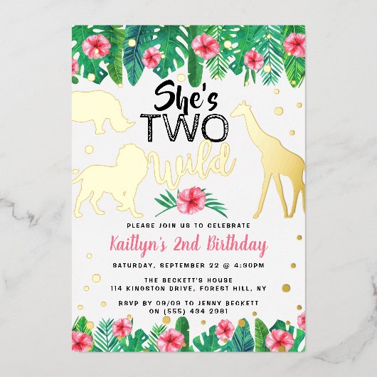 Twee Wilde Oerwoud Safari Girls 2e verjaardag Real Folie Uitnodiging (Voorkant)