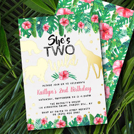 Twee Wilde Oerwoud Safari Girls 2e verjaardag Real Folie Uitnodiging