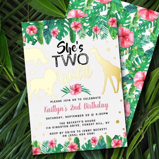 Twee Wilde Oerwoud Safari Girls 2e verjaardag Real Folie Uitnodiging