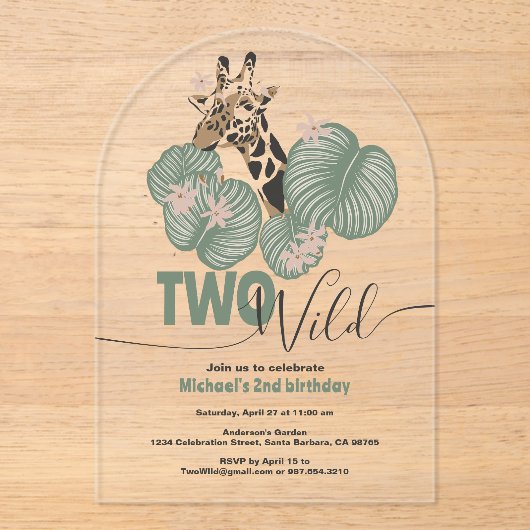 Twee Wilde Oerwouden Giraffe Dier 2e Verjaardagsfe Acryl Uitnodigingen (Voorkant)