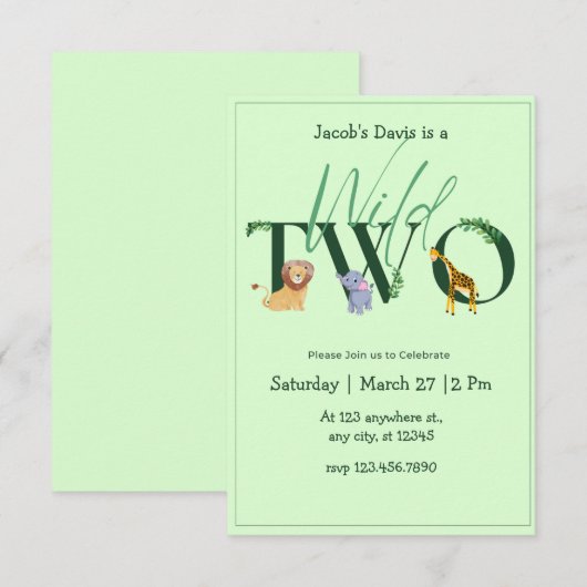 Twee wilde Oerwouden groen 2e verjaardag uitnodigi RSVP Kaartje (Voorkant / Achterkant)