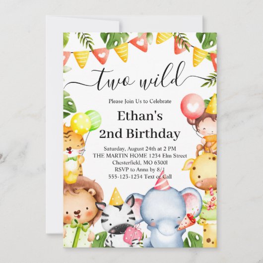 Twee wilde Oerwouden Safari Dieren 2e verjaardag Kaart (Voorkant)