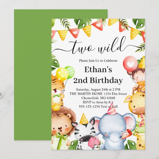 Twee wilde Oerwouden Safari Dieren 2e verjaardag Kaart (Voorkant / Achterkant)