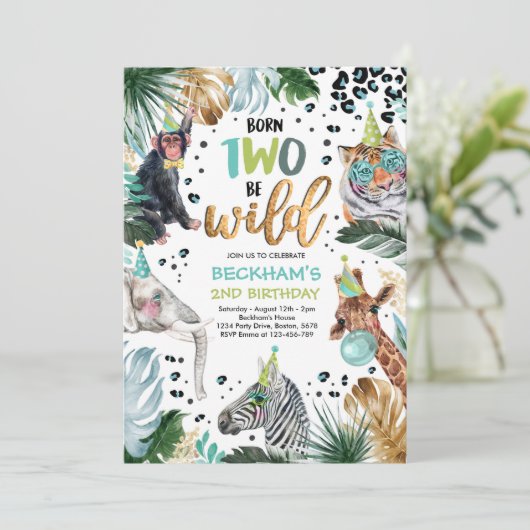 Twee Wilde Safari Dieren 2e Jongen Birthday Party Kaart (Staand voorkant)