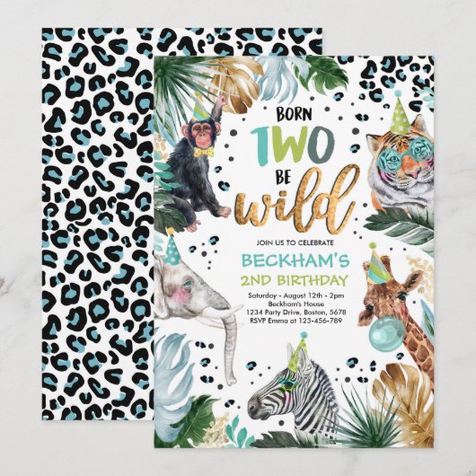 Twee Wilde Safari Dieren 2e Jongen Birthday Party Kaart (Voorkant / Achterkant)