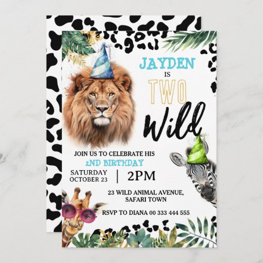 Twee wilde safari dieren 2e verjaardag partij kaart (Voorkant / Achterkant)