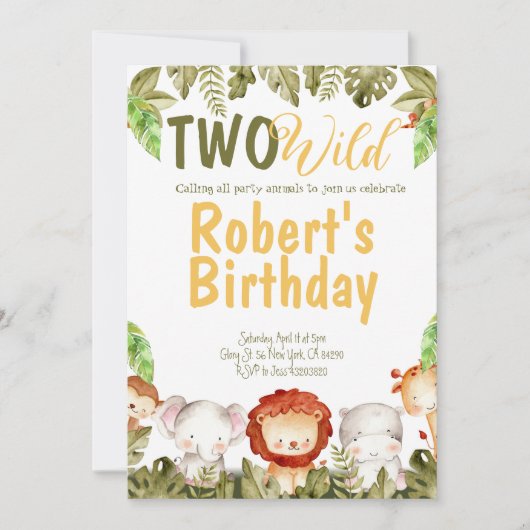 Twee wilde Safari dieren 2e verjaardag uitnodiging (Voorkant)