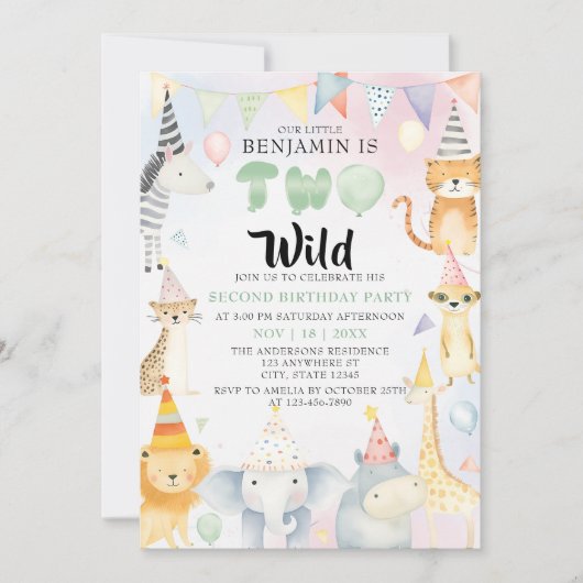 Twee wilde Safari Dieren Jongen 2e Verjaardagsfees Kaart (Voorkant)