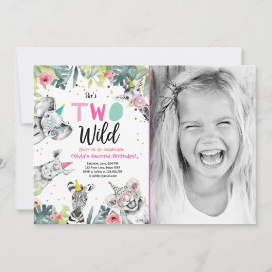 Twee Wilde Safari Dieren Meisje Verjaardag Uitnodi Kaart (Voorkant)