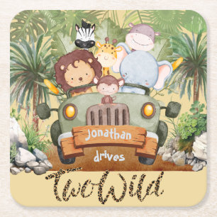 Twee wilde safari-dieren rijden in auto 2e verjaar kartonnen onderzetters