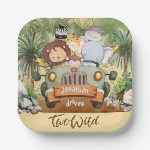 Twee wilde safari-dieren rijden in auto 2e verjaar papieren bordje