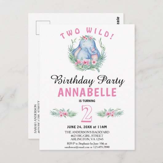 Twee wilde tropische olifantenroze dagen uitnodige briefkaart (Voorkant / Achterkant)