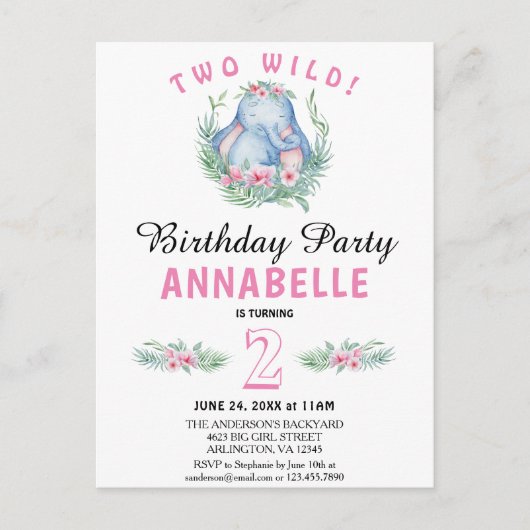 Twee wilde tropische olifantenroze dagen uitnodige briefkaart (Voorkant)