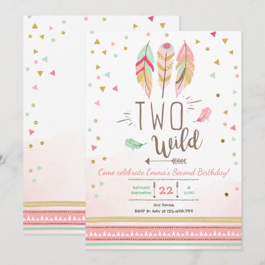 Twee Wilde Verjaardag Meisje Roze Goud 2e Boho Ver Kaart (Voorkant / Achterkant)